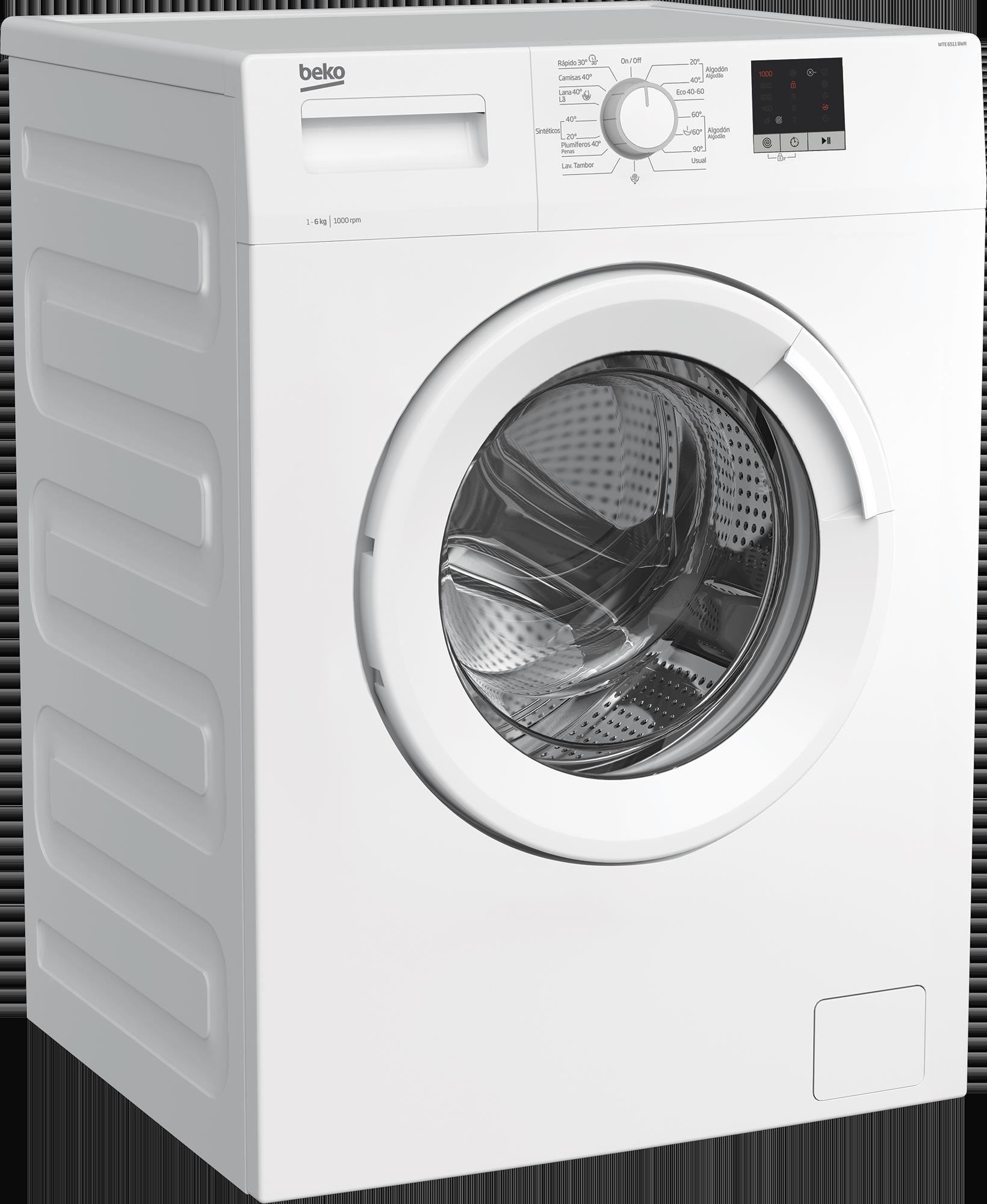 Lavadora Beko WTE6511BWR - Clase E, 6kg, 1000r, 15 Programas, Reducido, Display, Blanca - ElectroCity